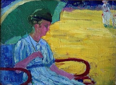 "The Green Parasol," Henry Hannig, American Impressionist, Woman in Beach Scene