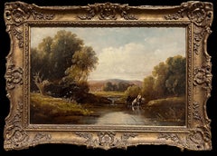 Fine Victorian Oil Painting Horses Drinking from Stream Signed Antique English