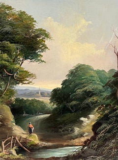 Peinture à l'huile traditionnelle anglaise signée de l'époque victorienne Villagers marchant sur un chemin de campagne