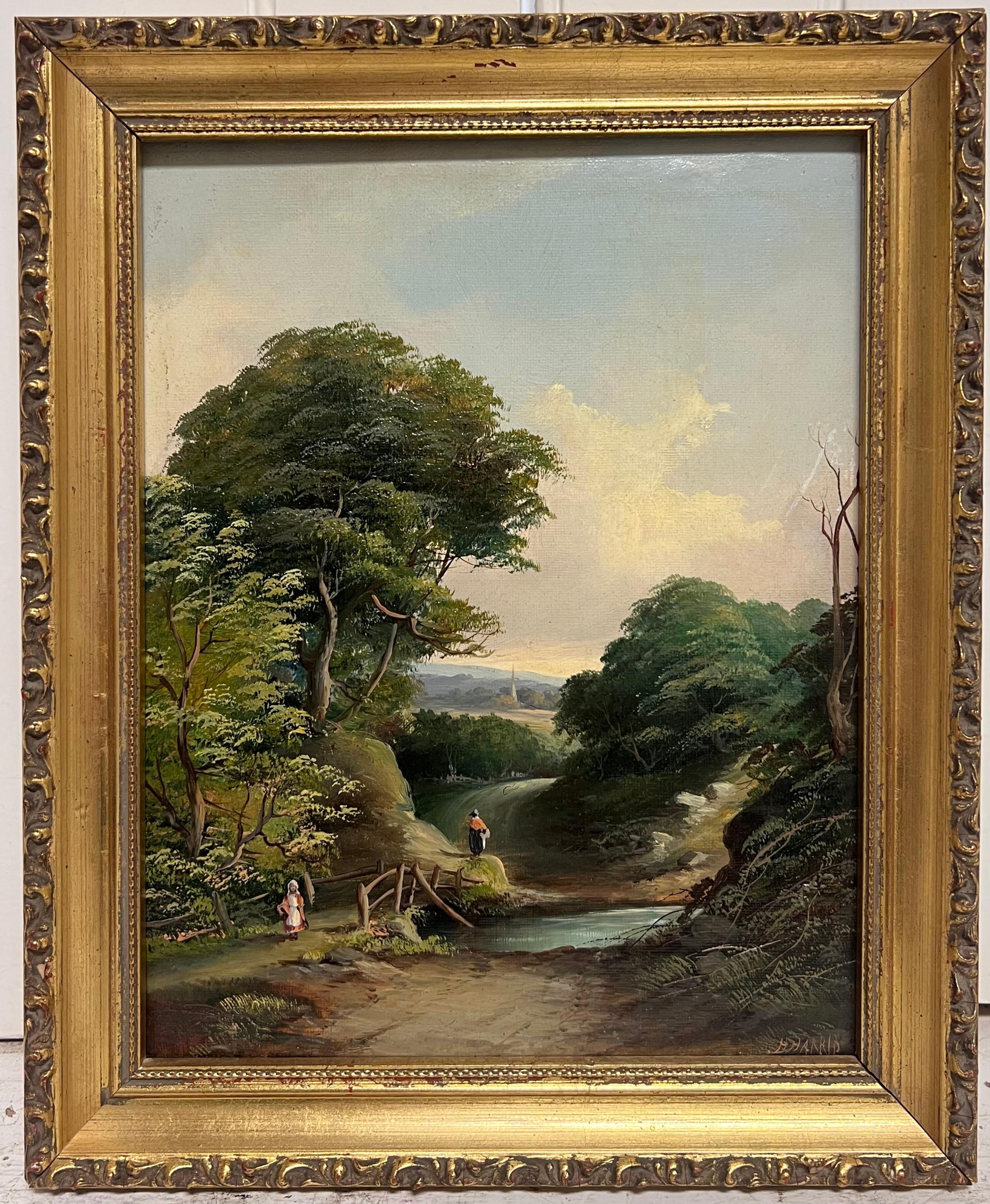Traditional English Victorian Signed Oil Painting Villagers Walking Country Lane