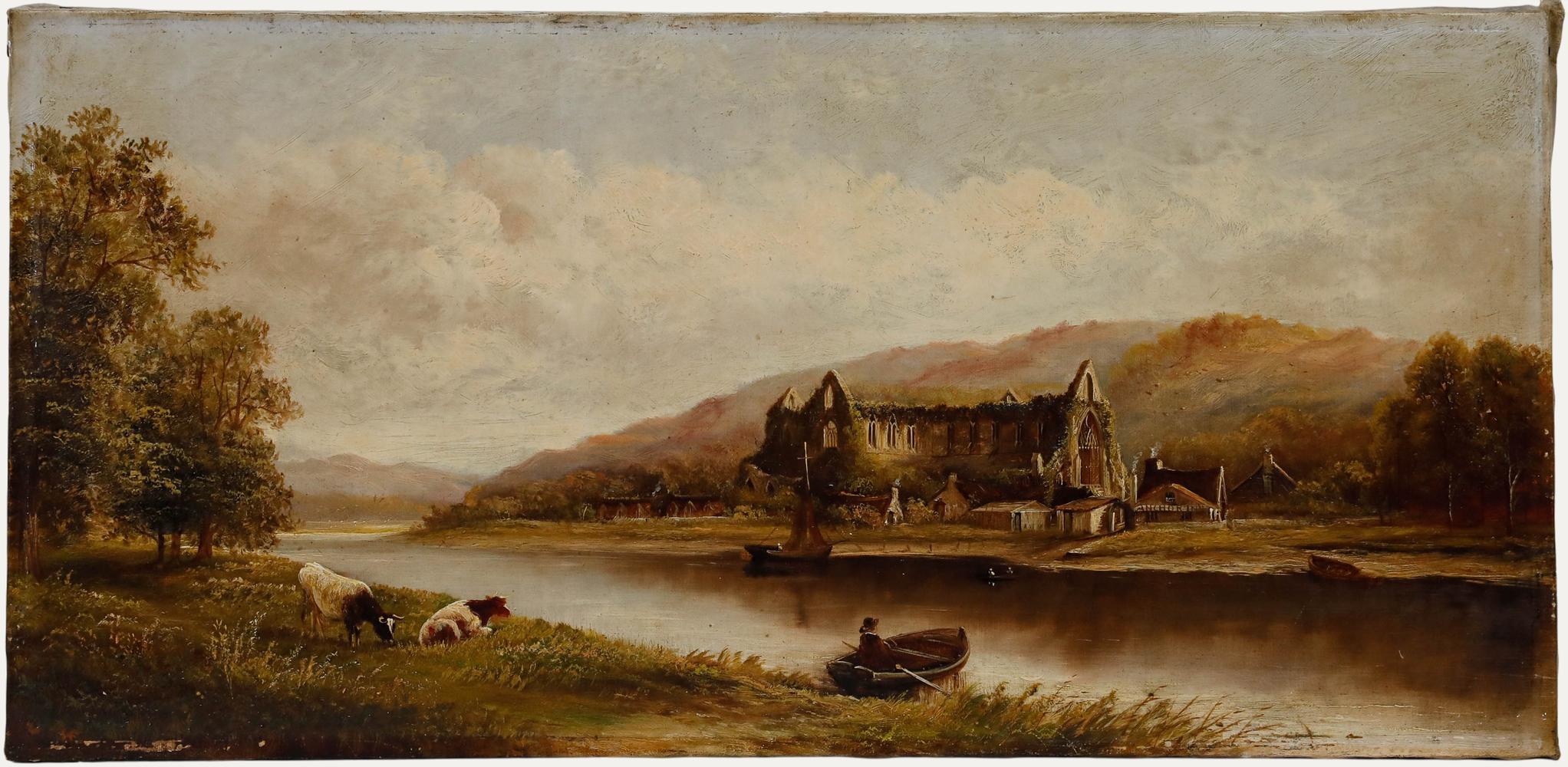 A charming study of the ruins of Tintern Abbey on a peaceful morning. In the foreground, a man in a rowboat sets out onto the river. Acquired with another signed landscape by the same hand. On canvas. 