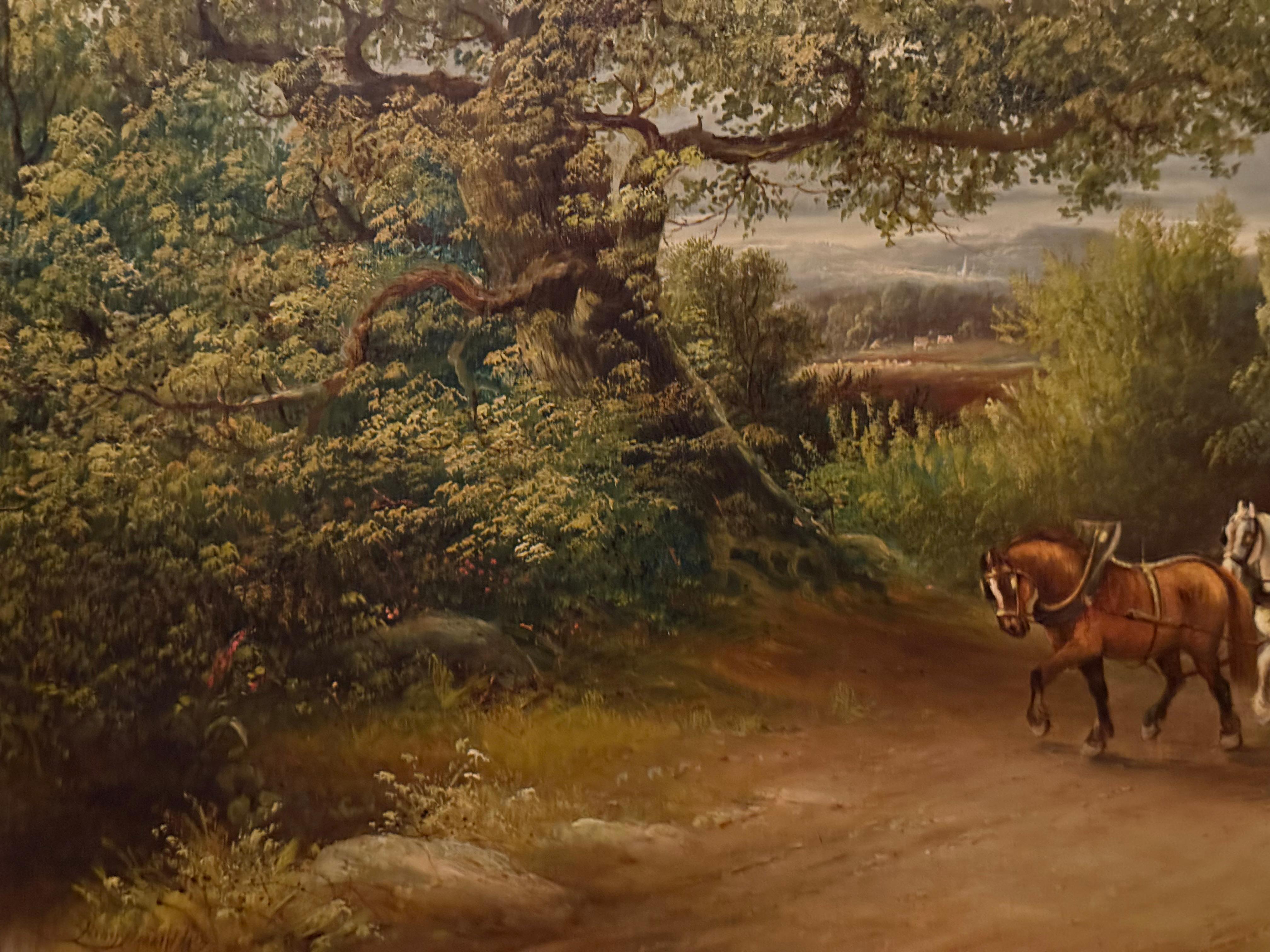Chevaux tirant des troncs d'arbres Peinture à l'huile de paysage du 19e siècle en vente 5