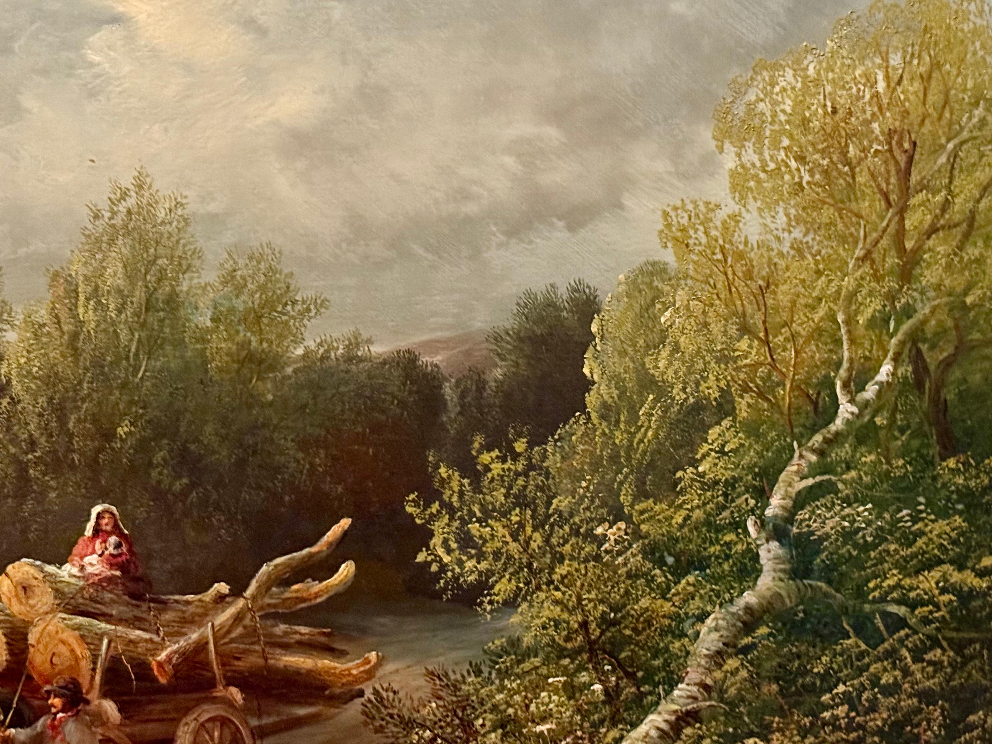 Chevaux tirant des troncs d'arbres Peinture à l'huile de paysage du 19e siècle en vente 8