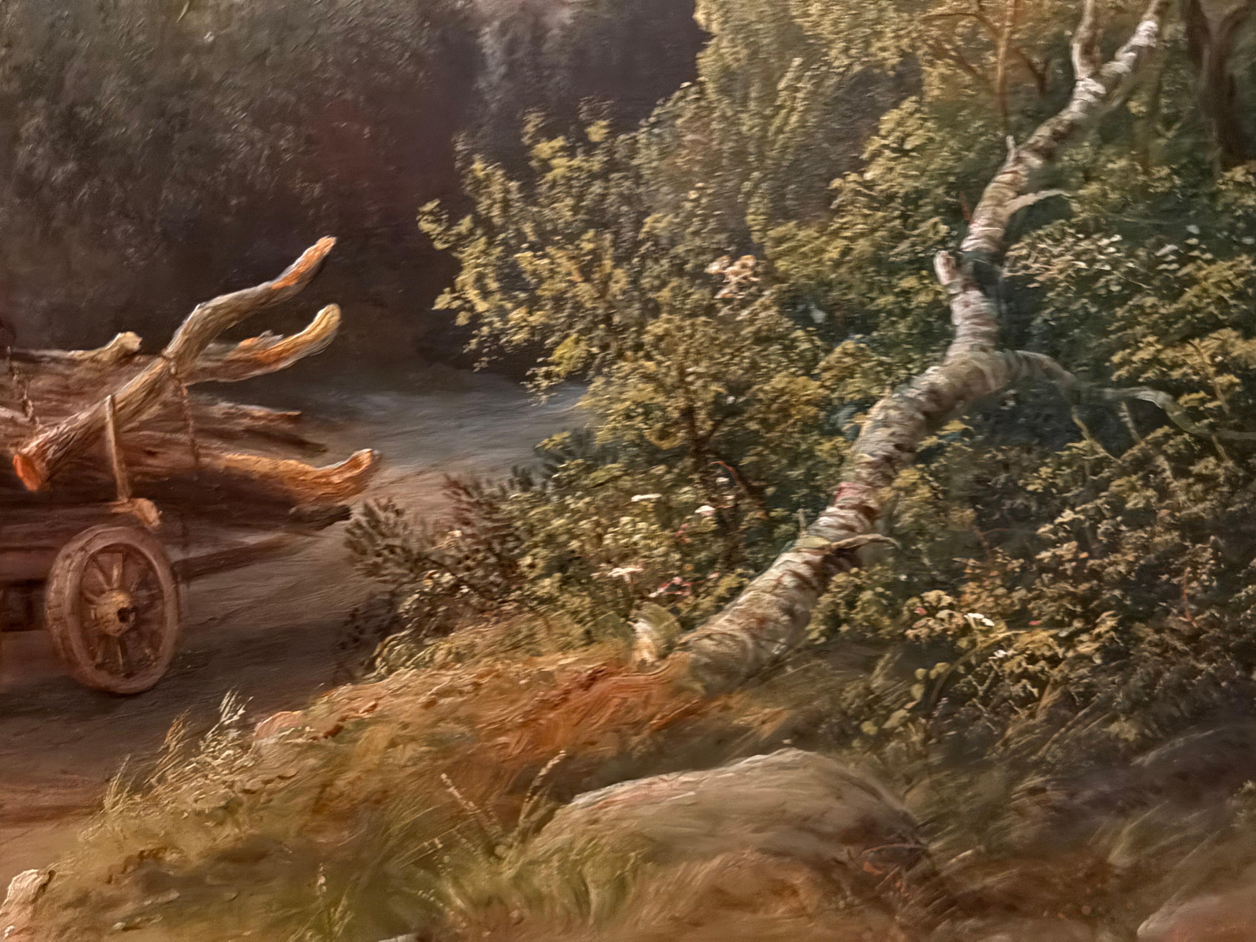 Chevaux tirant des troncs d'arbres Peinture à l'huile de paysage du 19e siècle en vente 10