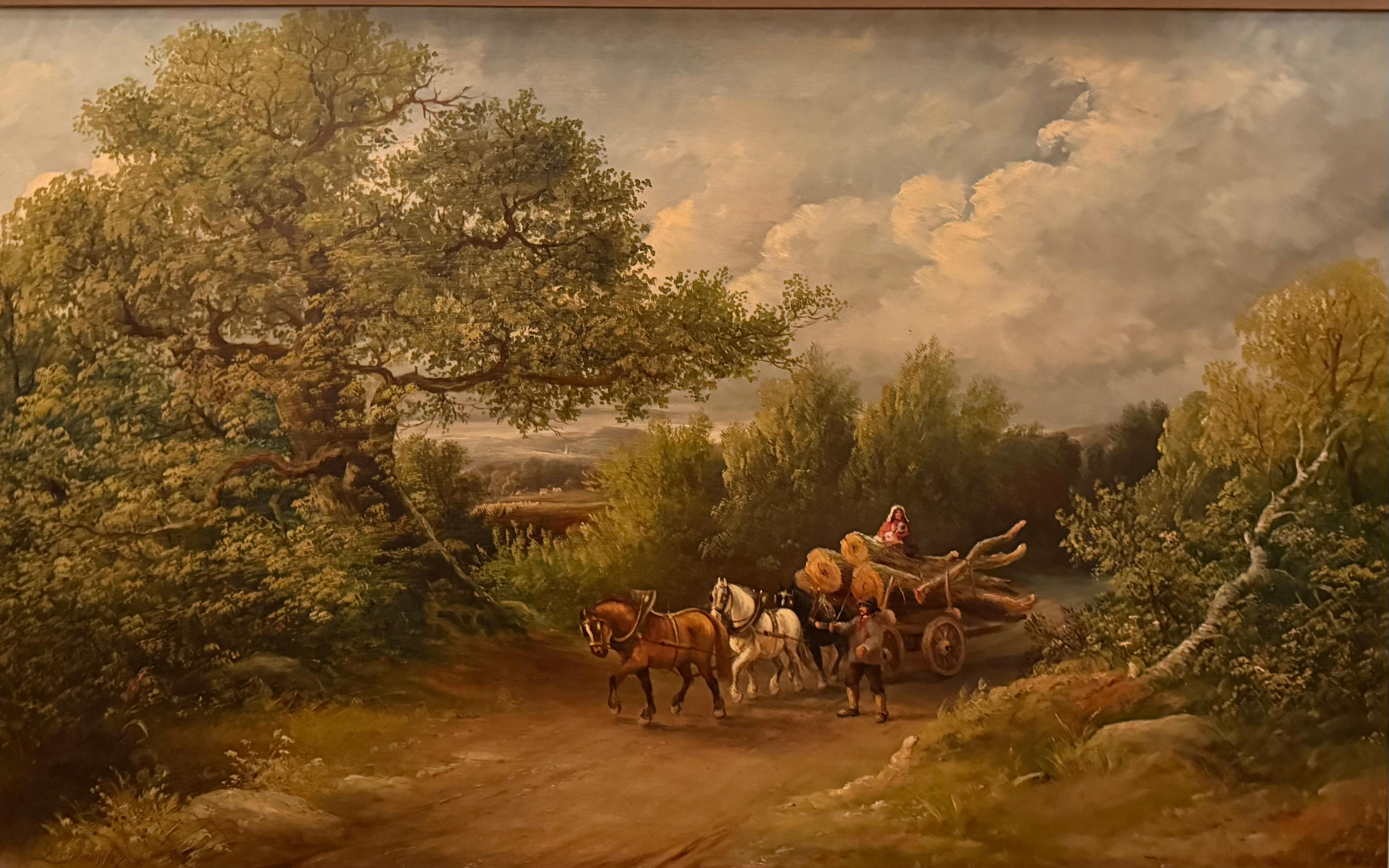 Chevaux tirant des troncs d'arbres Peinture à l'huile de paysage du 19e siècle - Painting de Henry Harris