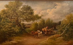 Cavalli che tirano tronchi Paesaggio del XIX secolo dipinto a olio