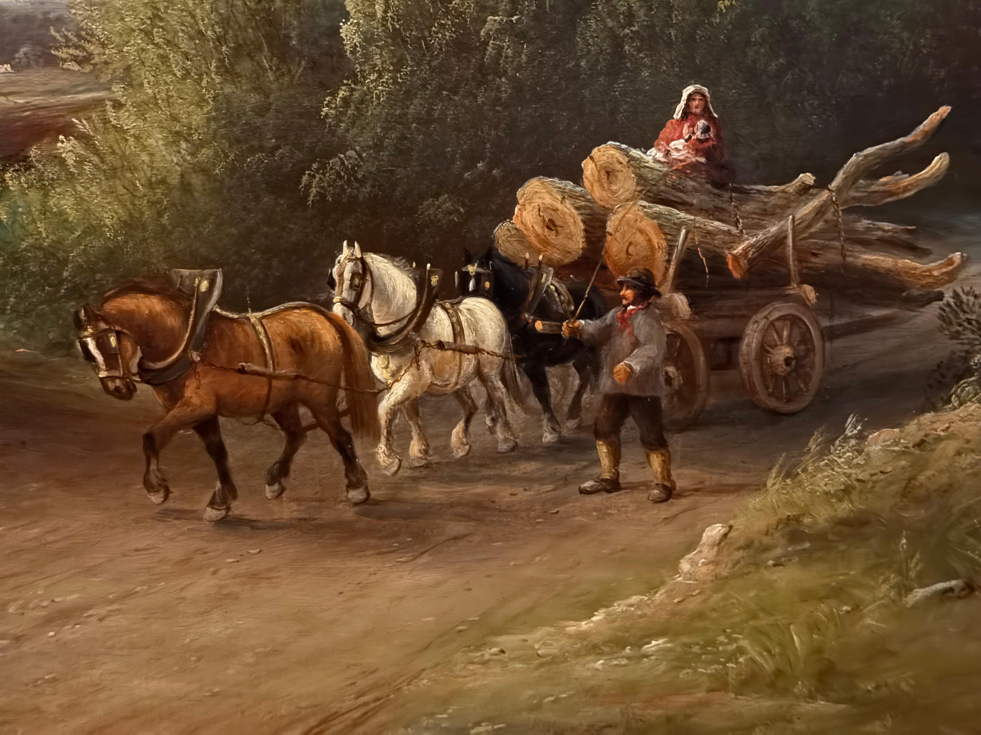 Chevaux tirant des troncs d'arbres Peinture à l'huile de paysage du 19e siècle - École anglaise Painting par Henry Harris