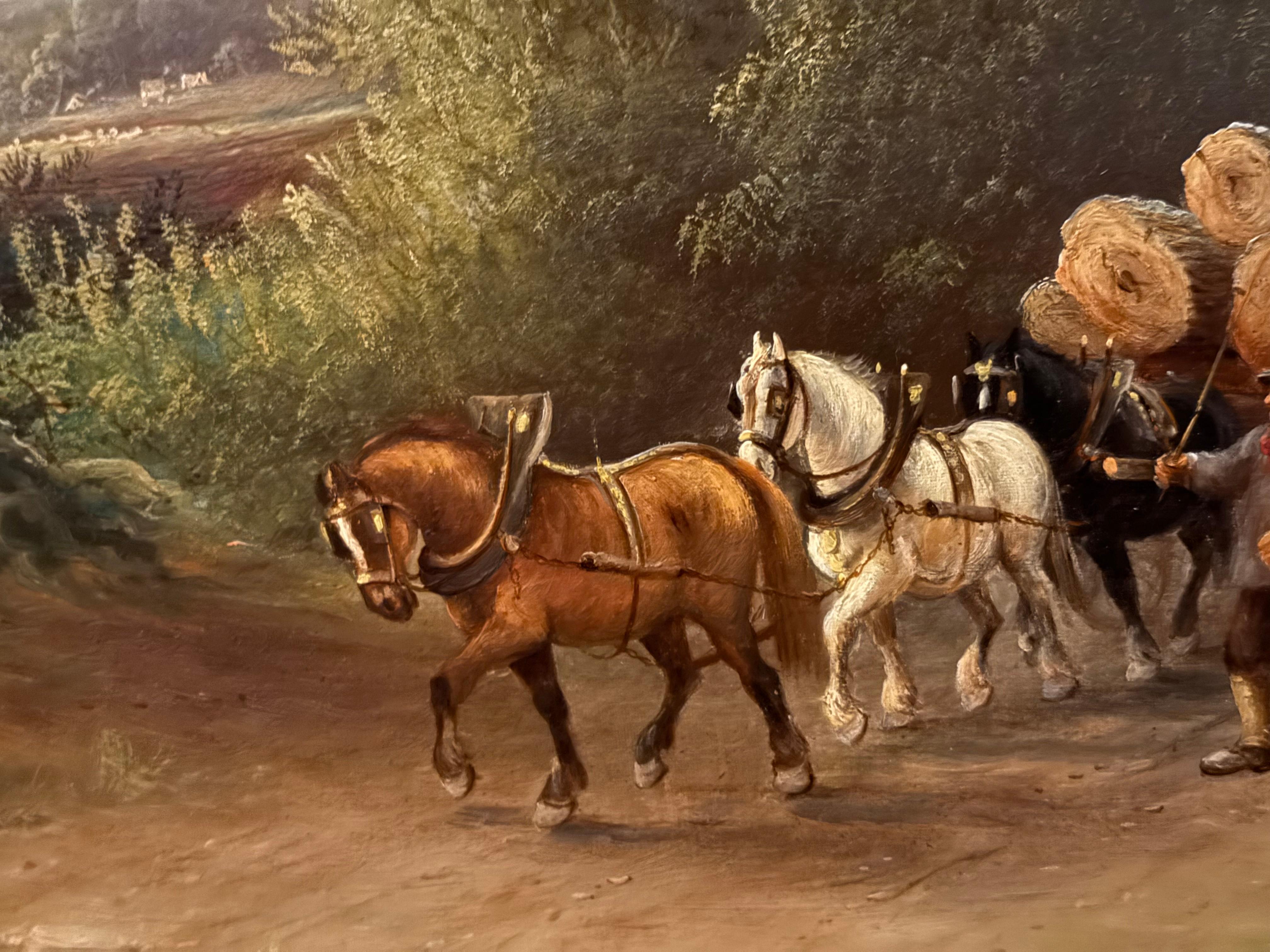 Chevaux tirant des troncs d'arbres Peinture à l'huile de paysage du 19e siècle - Marron Landscape Painting par Henry Harris