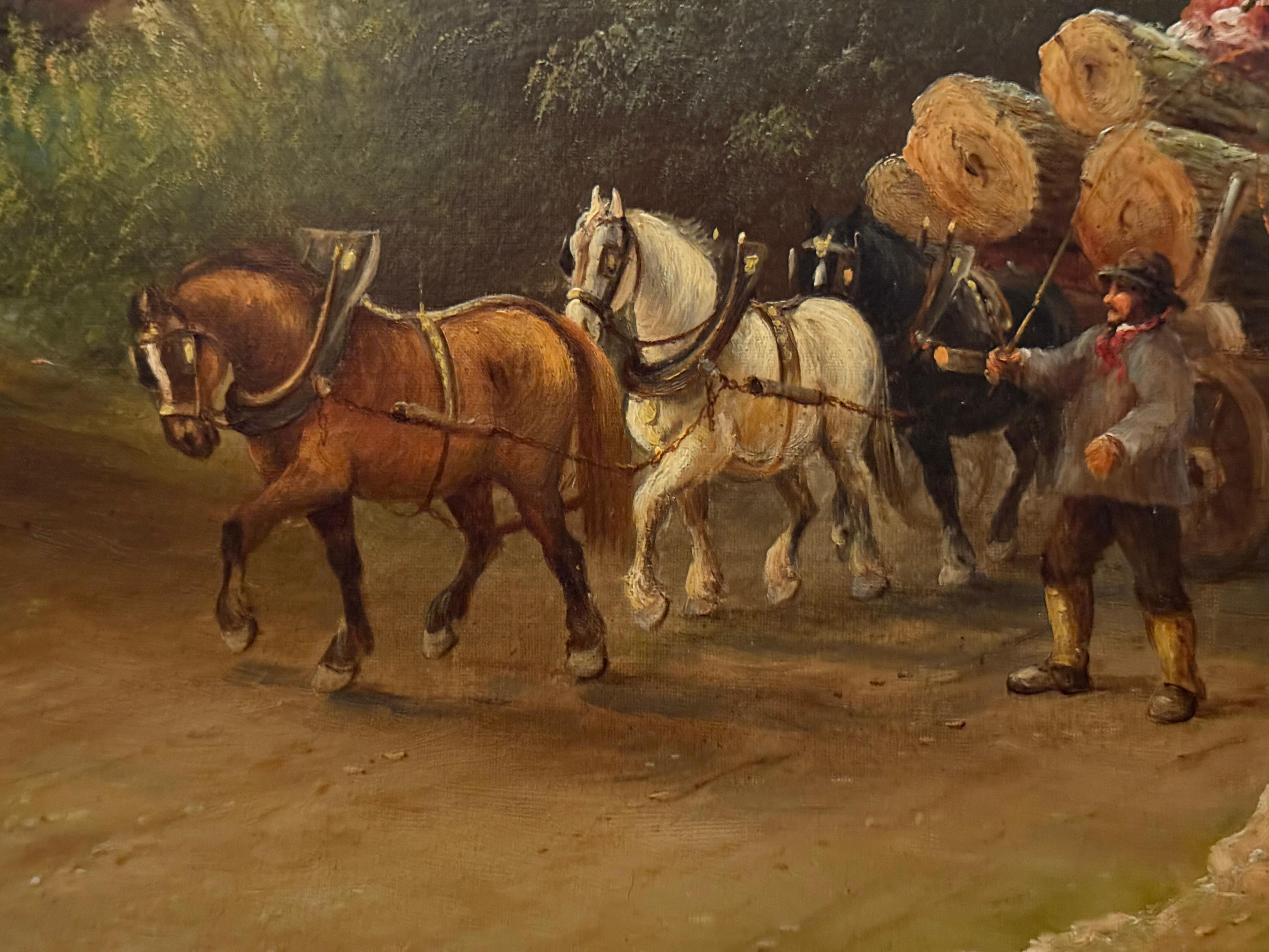 Peinture de paysage de l'école anglaise représentant deux chevaux tirant une charrette de troncs d'arbres. Signature de l'Artistics en bas à gauche. Joli paysage forestier dans des tons verts et automnaux, les arbres sont nets et détaillés le long