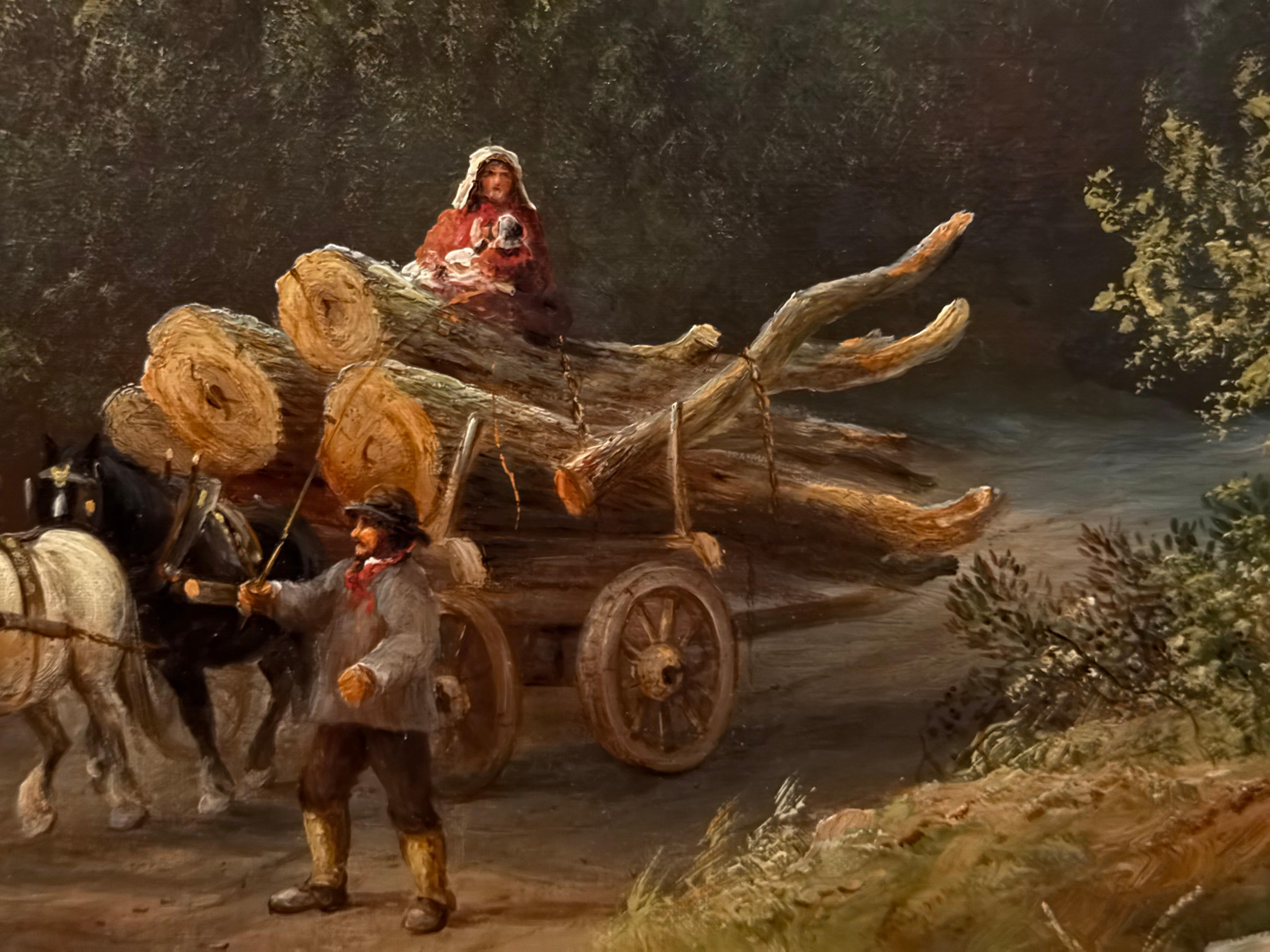 Chevaux tirant des troncs d'arbres Peinture à l'huile de paysage du 19e siècle en vente 1