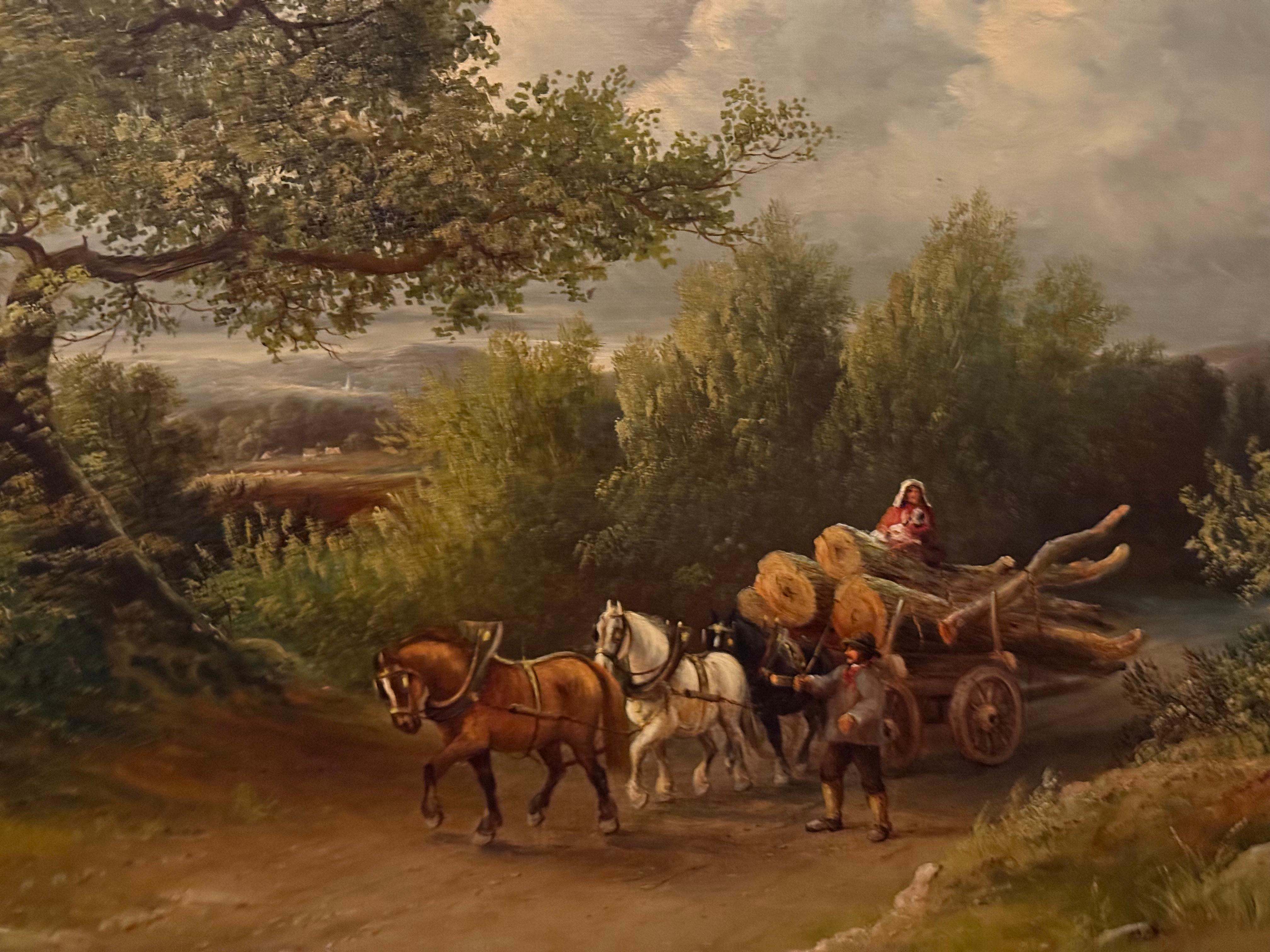Chevaux tirant des troncs d'arbres Peinture à l'huile de paysage du 19e siècle en vente 2