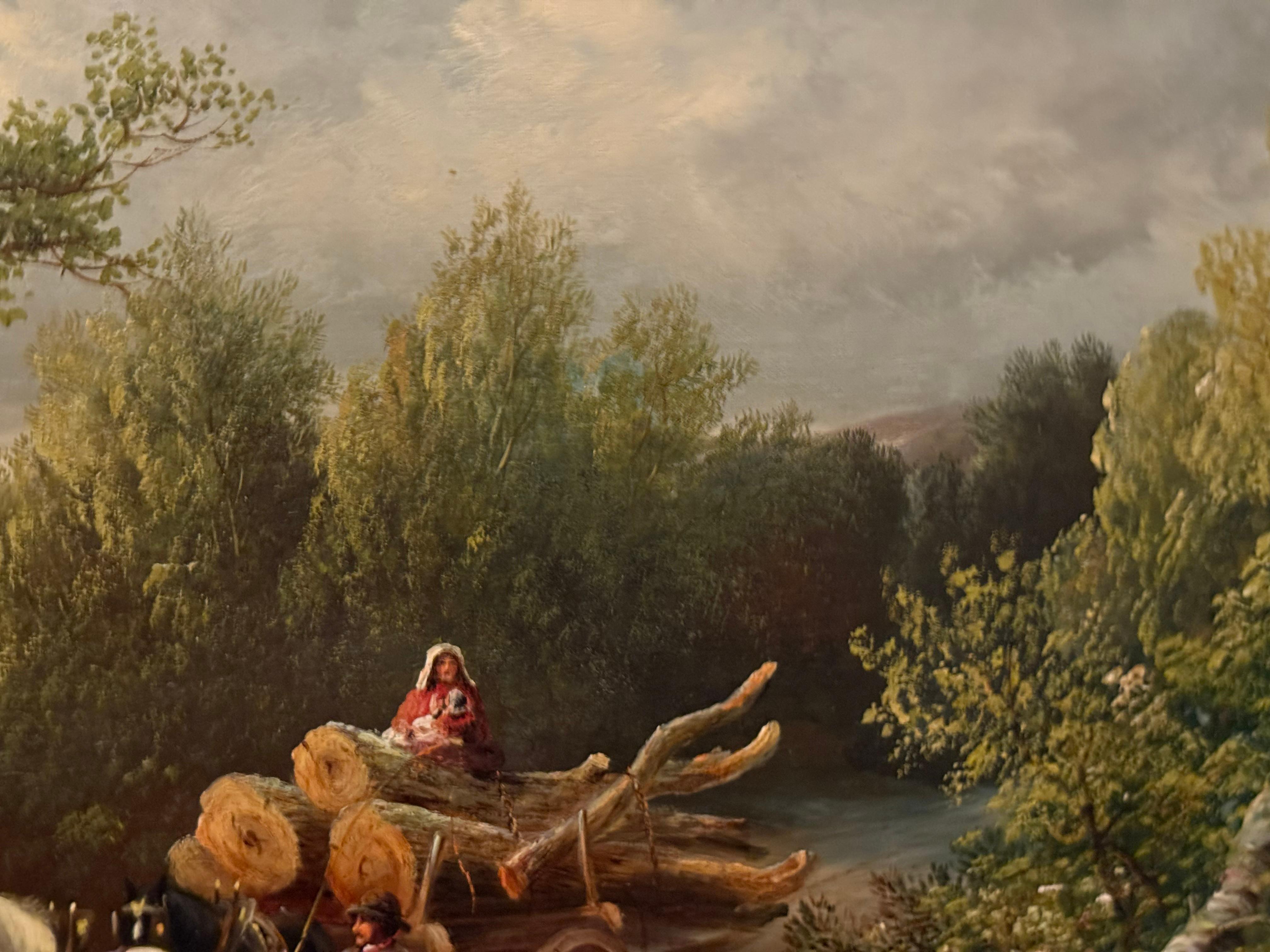 Chevaux tirant des troncs d'arbres Peinture à l'huile de paysage du 19e siècle en vente 3