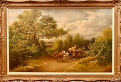 Chevaux tirant des troncs d'arbres Peinture à l'huile de paysage du 19e siècle