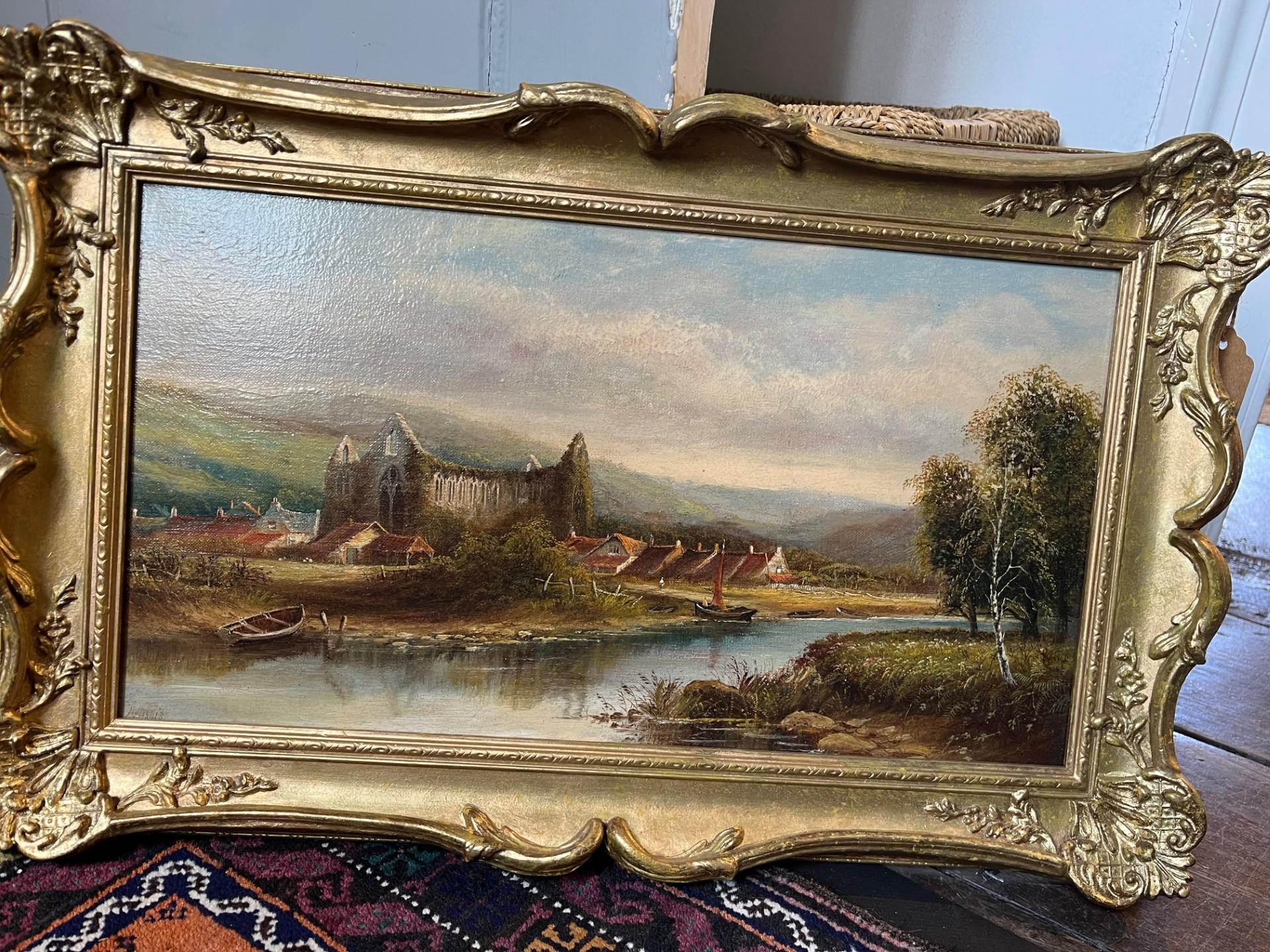 Paesaggio gallese vittoriano dipinto a olio con le rovine dell'Abbazia di Tintern in un paesaggio - Painting di Henry Harris