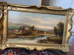 Paesaggio gallese vittoriano dipinto a olio con le rovine dell'Abbazia di Tintern in un paesaggio