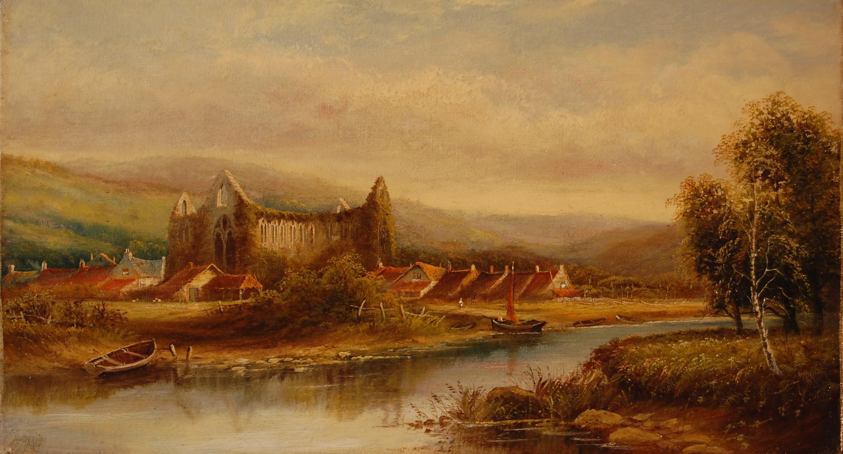 Victorian Oil Painting of Tintern Abbey Wales ruins in River landscape, Framed
