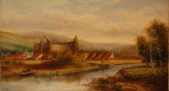 Antique Victorian Oil Painting of Tintern Abbey Wales ruins in River landscape, Framed