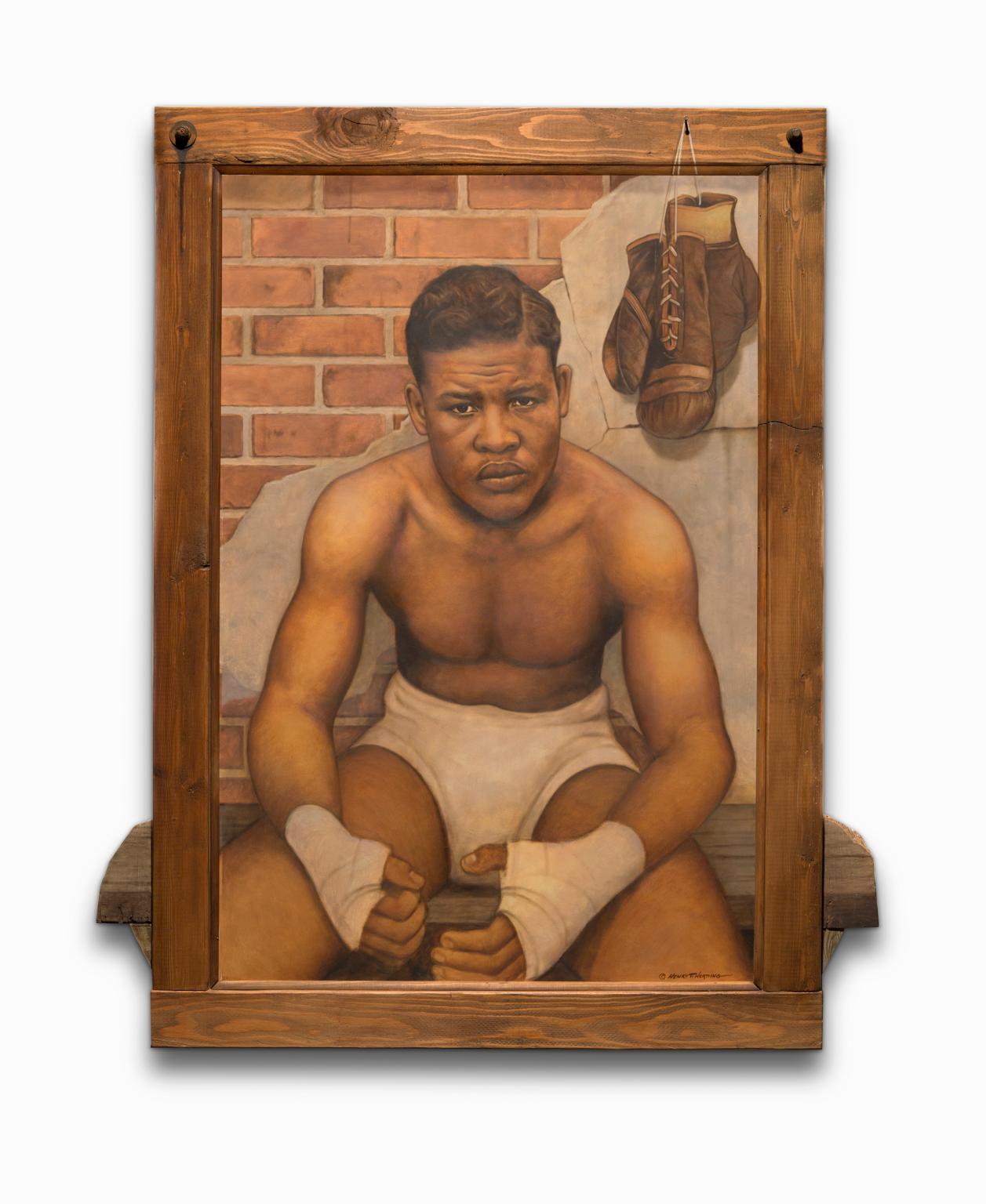 Henry Heading Portrait Painting - "Joe Louis" Oil on Board with Mixed Media, Iconic Portrait, African American