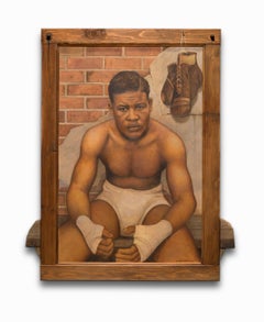 "Joe Louis" Huile sur panneau avec supports mélangés, portrait emblématique d'Amérindien