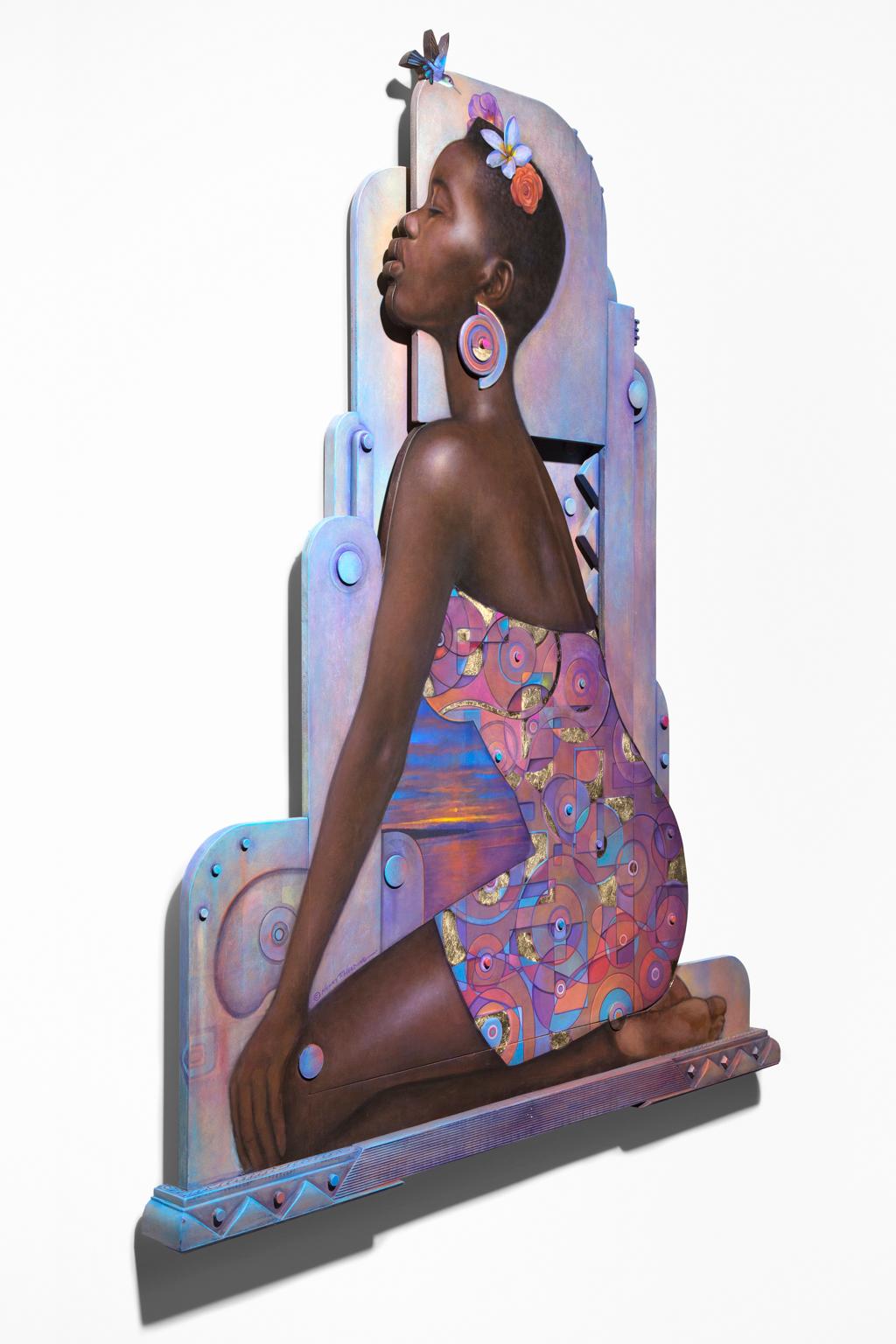 Portrait de femme afro-américaine « Reine », bruns riches et lavandes, sculptural - Painting de Henry Heading