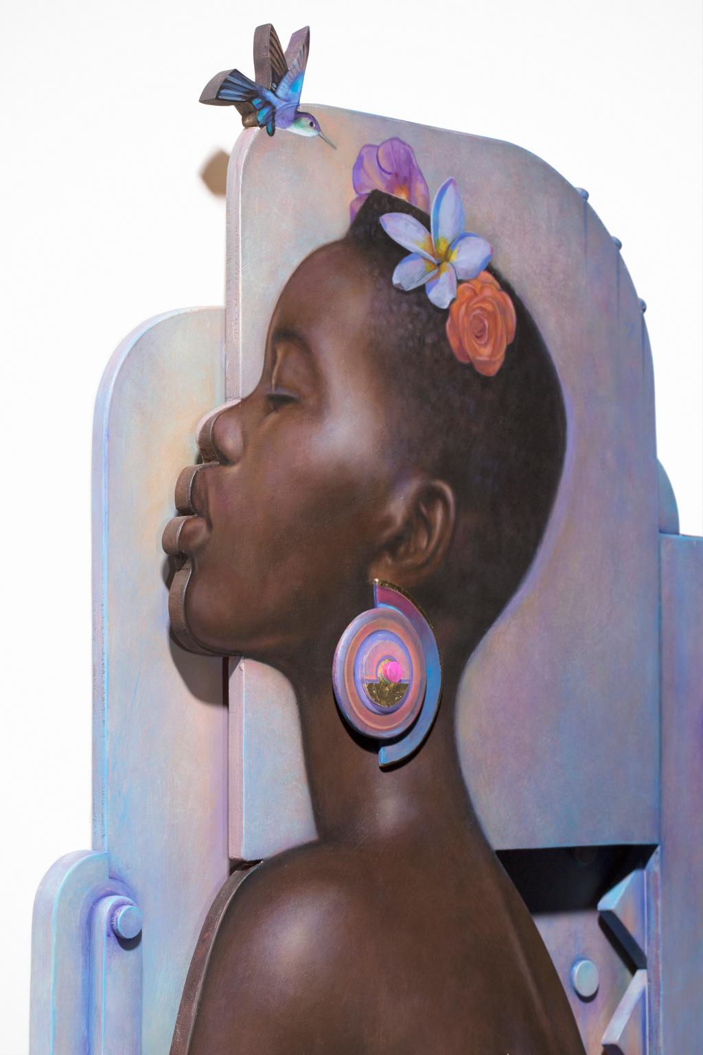 Portrait de femme afro-américaine « Reine », bruns riches et lavandes, sculptural - Marron Figurative Painting par Henry Heading