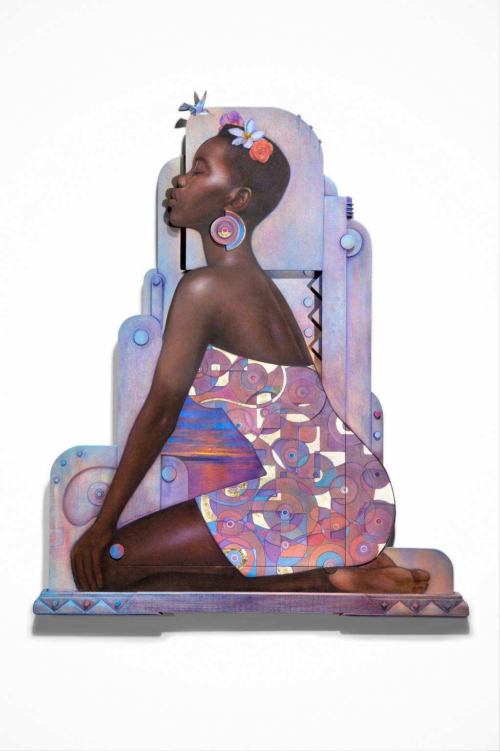 Figurative Painting Henry Heading - Portrait de femme afro-américaine « Reine », bruns riches et lavandes, sculptural