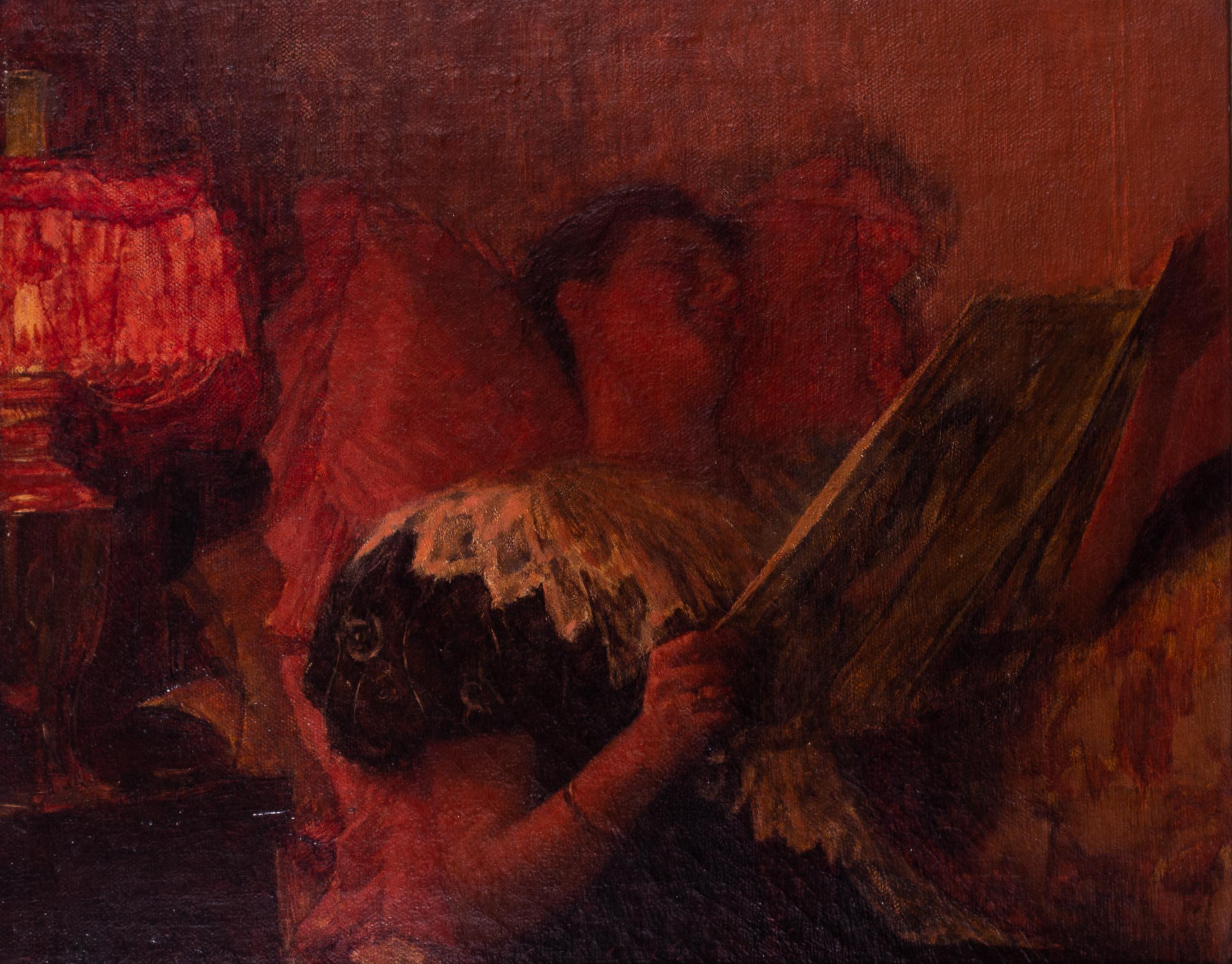 XIX secolo, inglese, donna che legge alla luce della lampada in toni rossi di La Thangue - Painting di Henry Herbert La Thangue