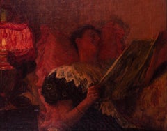 XIX secolo, inglese, donna che legge alla luce della lampada in toni rossi di La Thangue