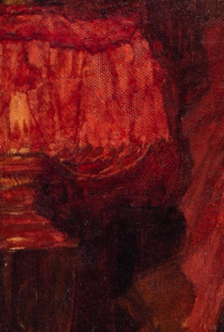 XIX secolo, inglese, donna che legge alla luce della lampada in toni rossi di La Thangue - Figurative Painting Marrone di Henry Herbert La Thangue