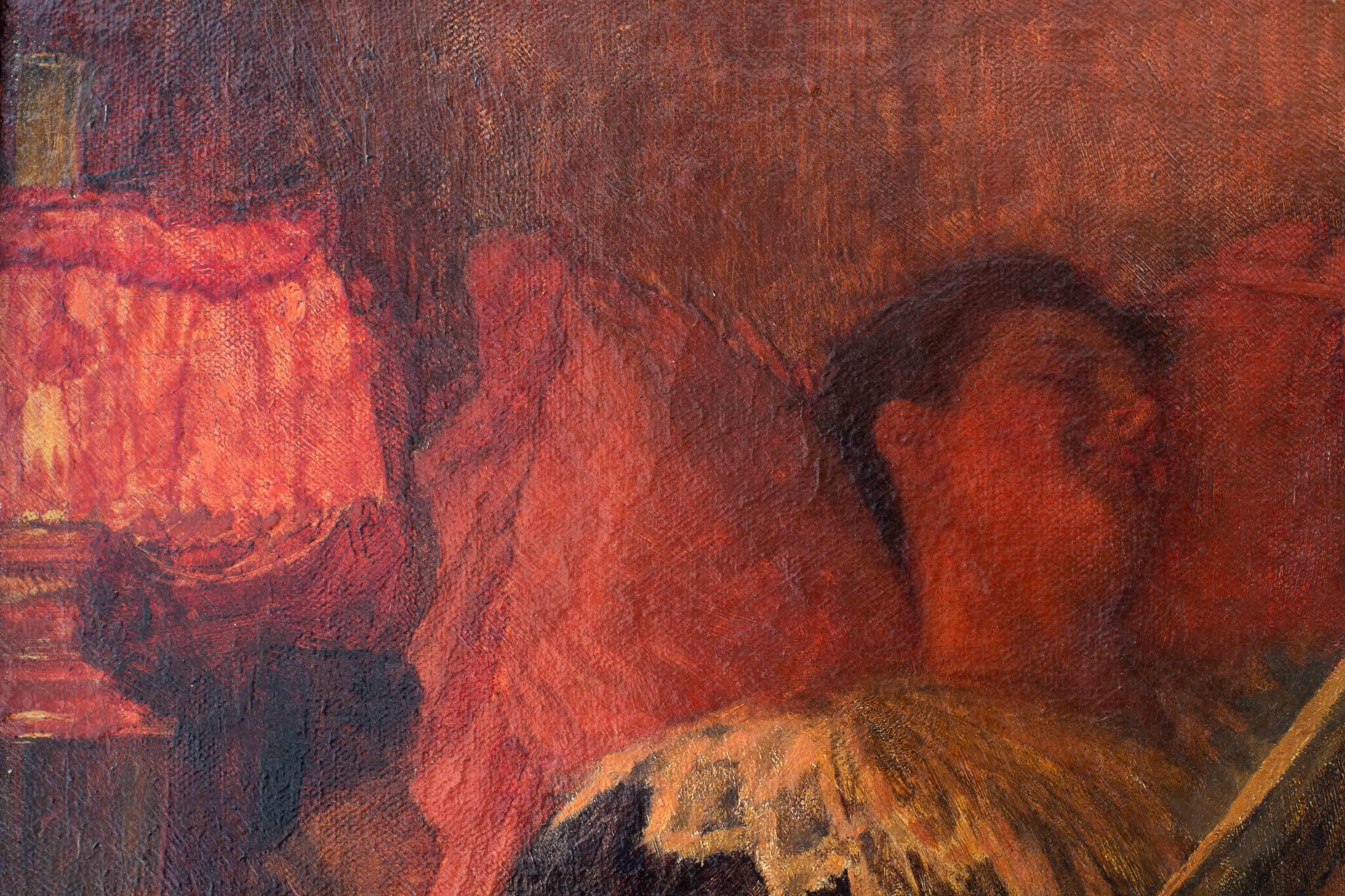 XIX secolo, inglese, donna che legge alla luce della lampada in toni rossi di La Thangue in vendita 3