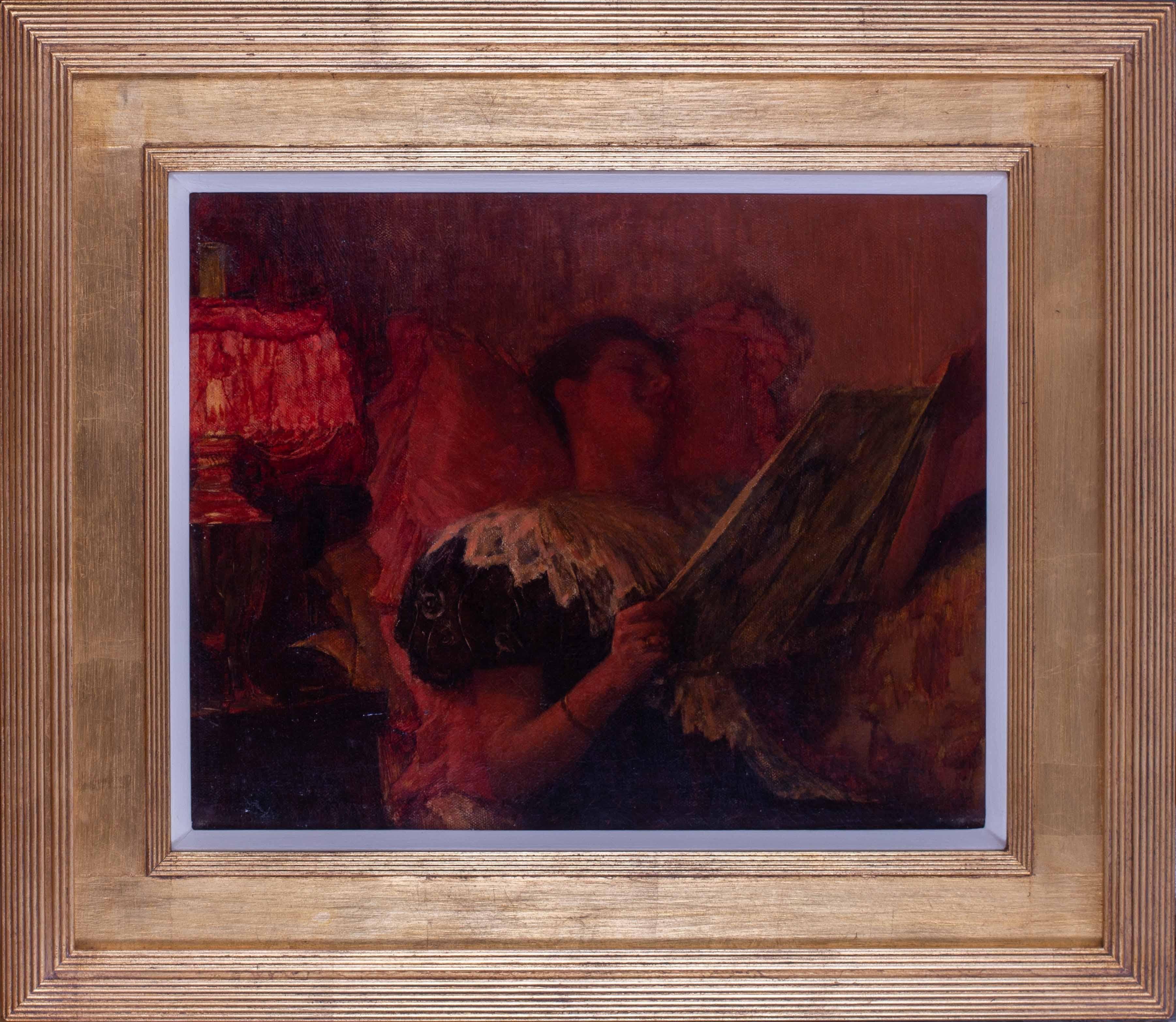 Figurative Painting di Henry Herbert La Thangue - XIX secolo, inglese, donna che legge alla luce della lampada in toni rossi di La Thangue