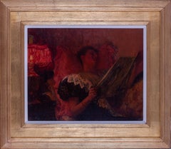 Siglo XIX, británica, dama leyendo a la luz de una lámpara en tonos rojos por La Thangue