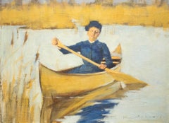 19th Century oil painting, lady rowing in bulrushes by Henry Herbert La Thangue