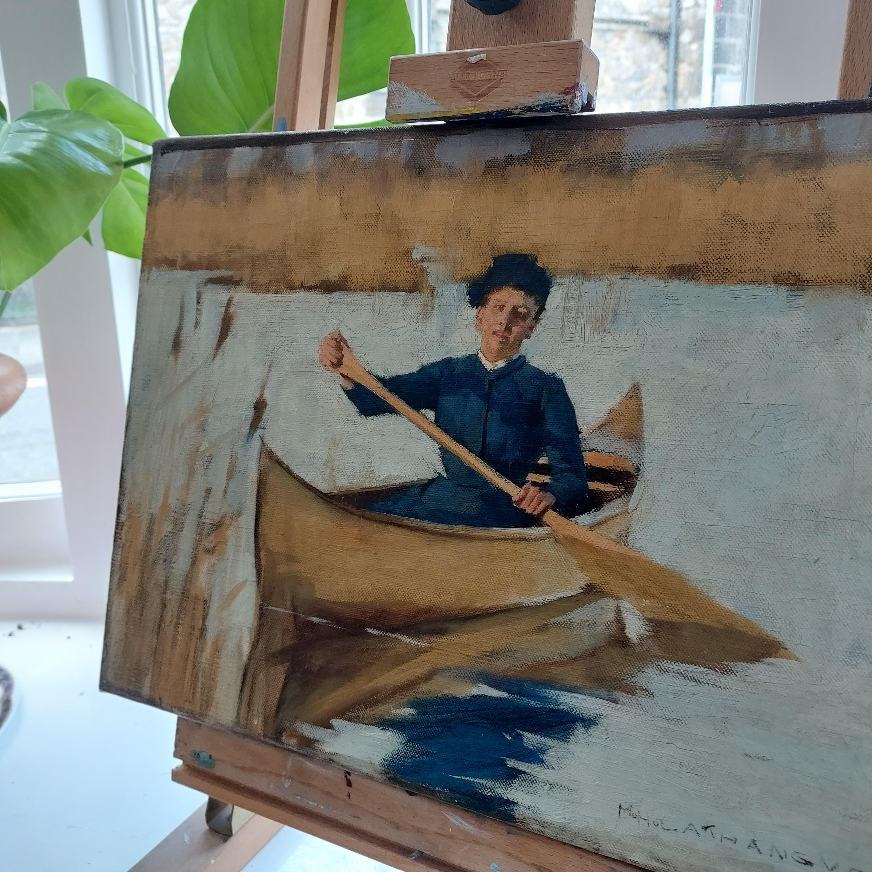 19th Century oil painting, lady rowing in bulrushes by Henry Herbert La Thangue 6