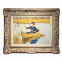 Antique 19th Century oil painting, lady rowing in bulrushes by Henry Herbert La Thangue