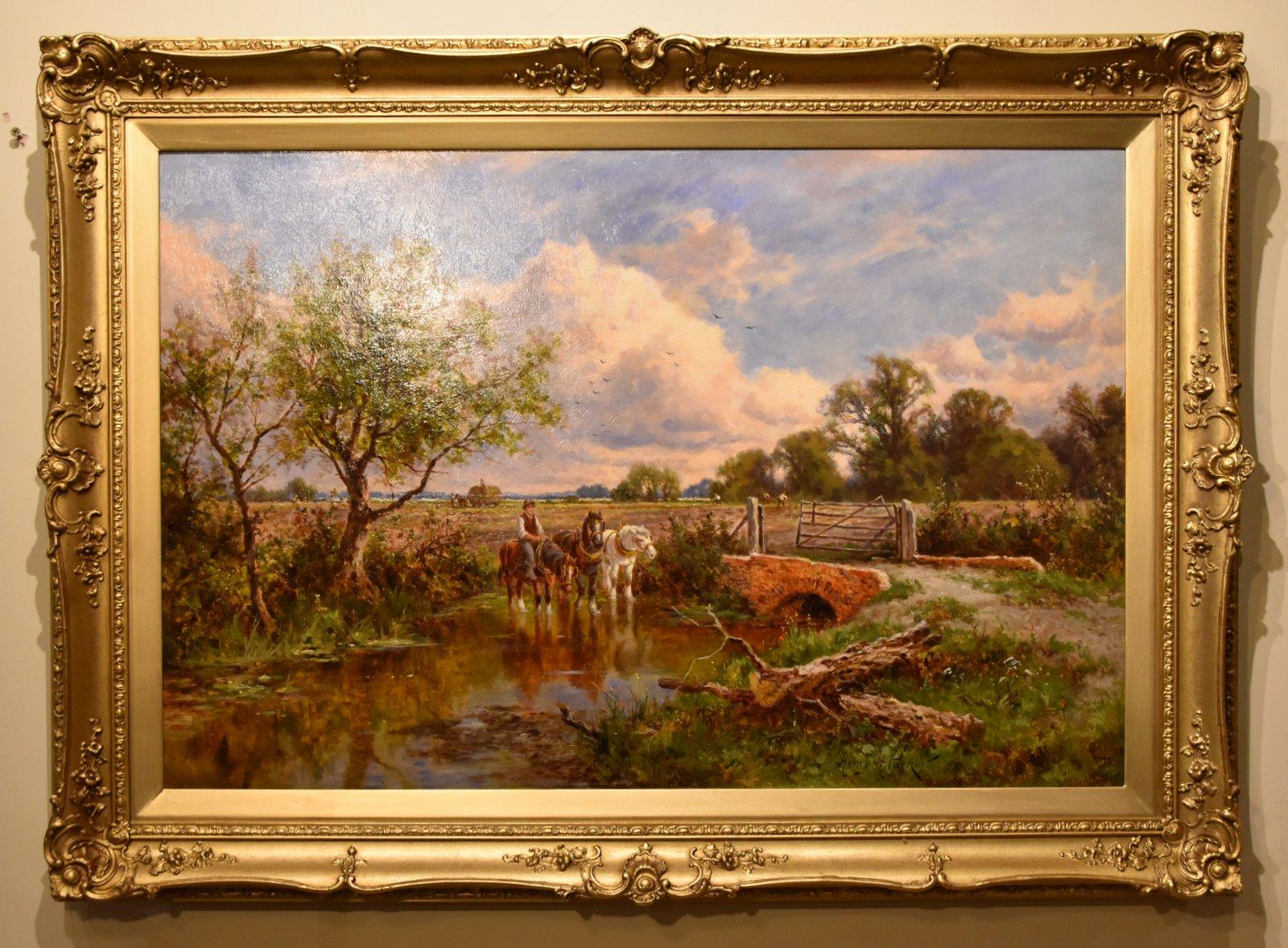 Peinture à l'huile de Henry Hiller Parker  "Watering the Horses" flourished 1858- 1930 Home counties painter of tranquil rural landscapes studied at St. Martin School of Art and Royal Acsdemy schoolsExhibited in Canada and the states and worked for