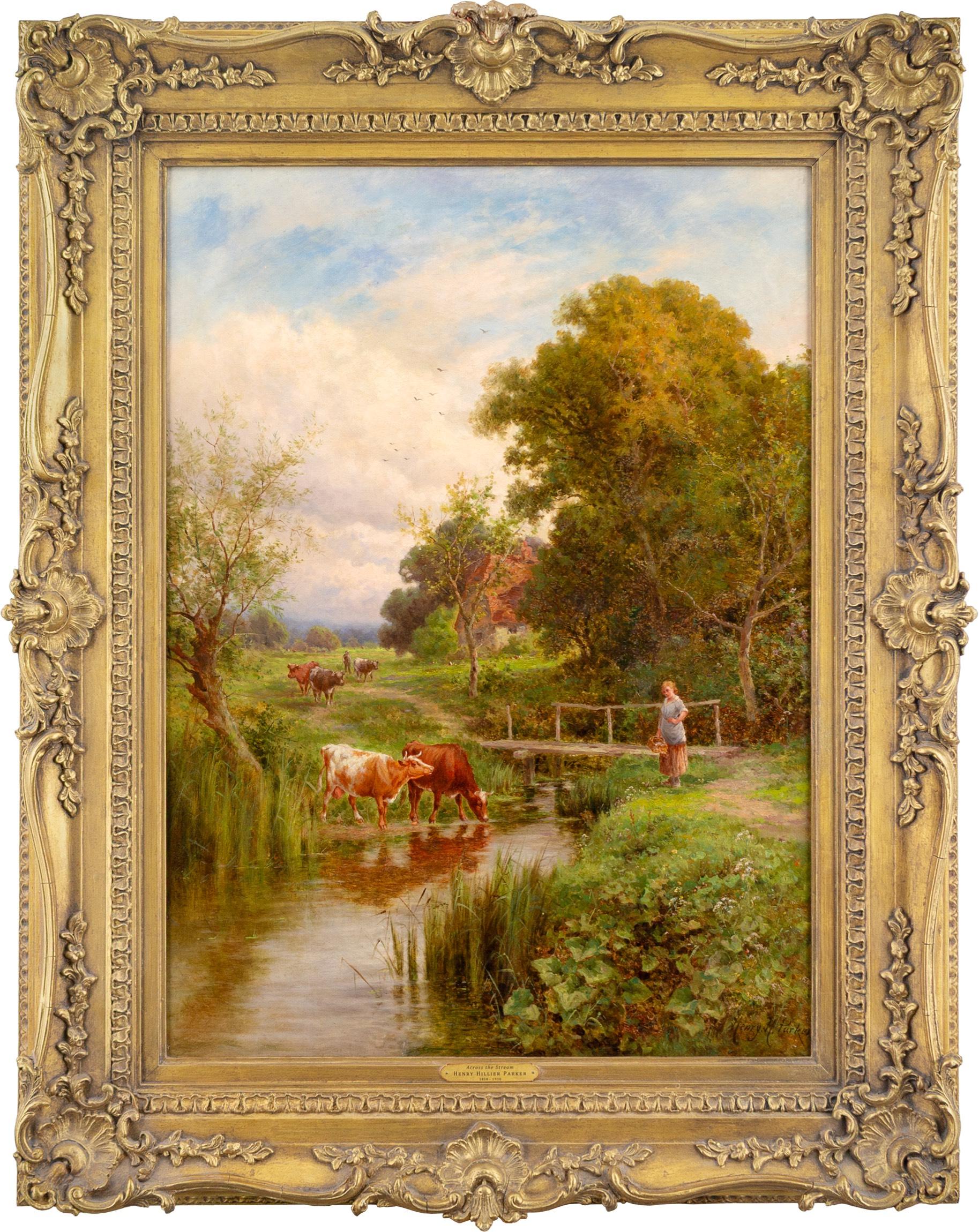Henry Hillingford Parker  Animal Painting - Across The Stream, Midgham, Berkshire, 19th-Century Landscape Painting