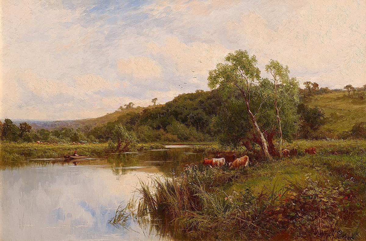Cattle Watering on The Thames, Near Goring - Painting by Henry Hillingford Parker 