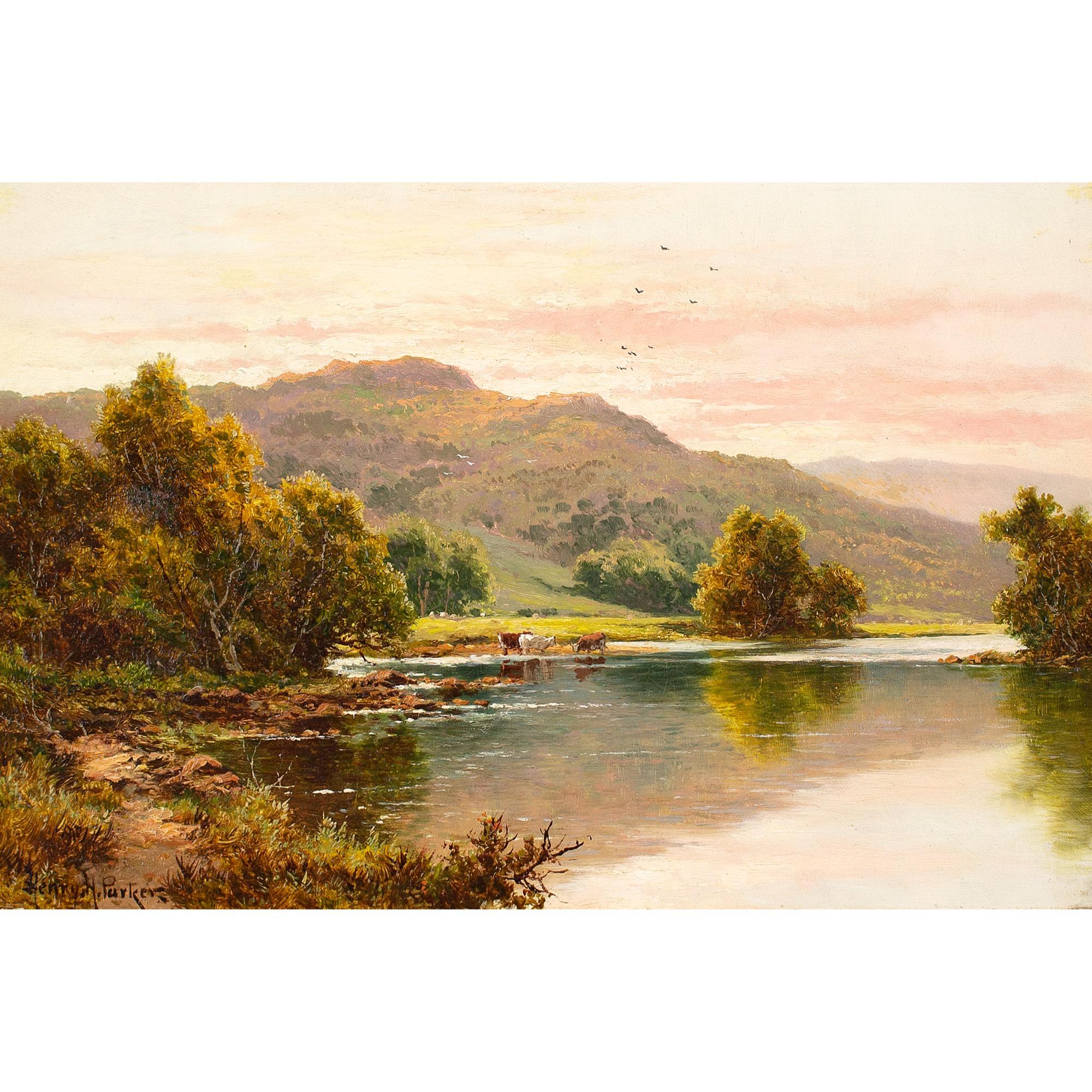 This early 20th-century oil painting by British artist Henry Hillingford Parker (1858-1930) depicts a Highland loch with cattle, track and mountain.

Parker adored the natural world and sought to capture its infinite beauty in all its tangled