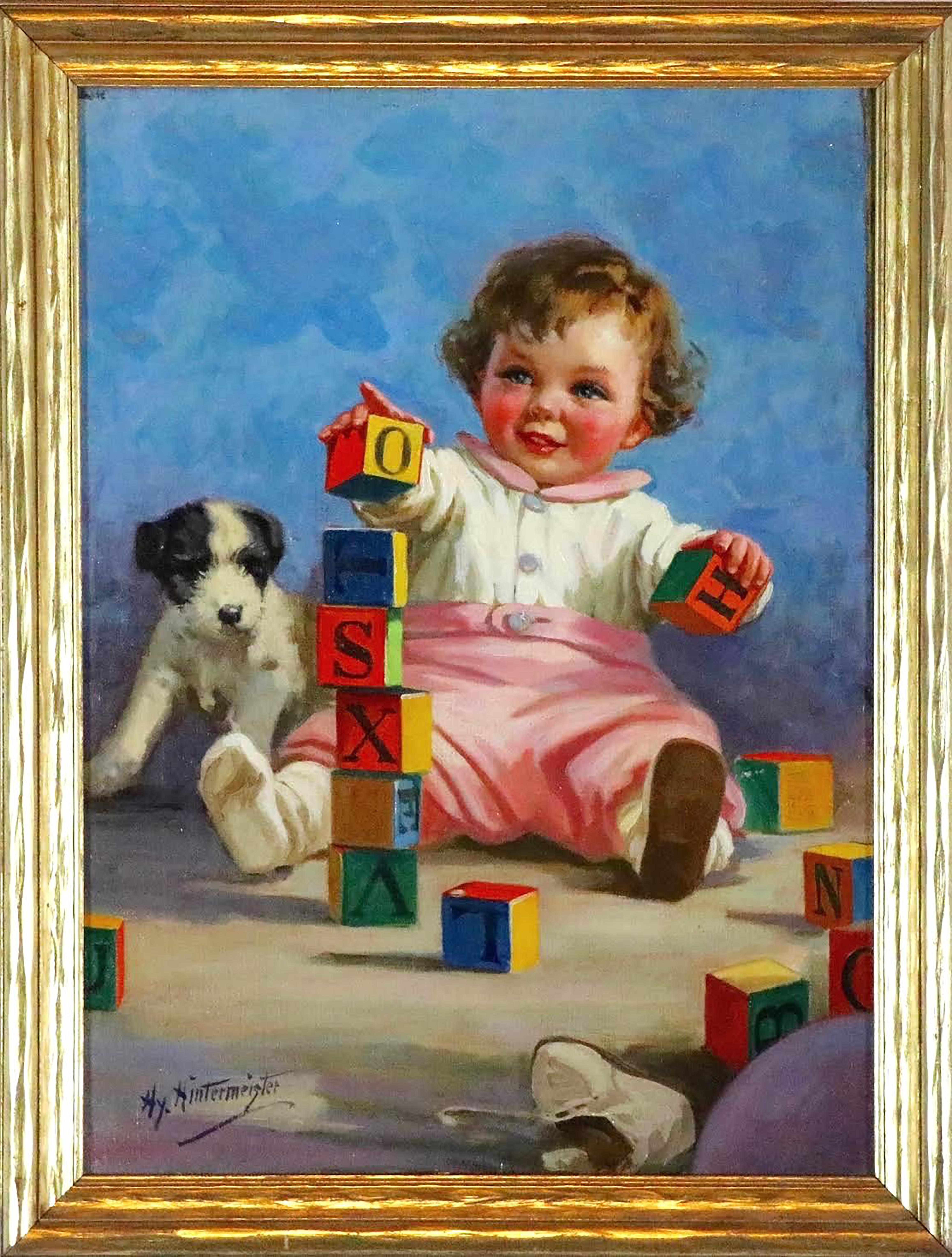 Baby with Blocks - Painting by Henry Hintermeister