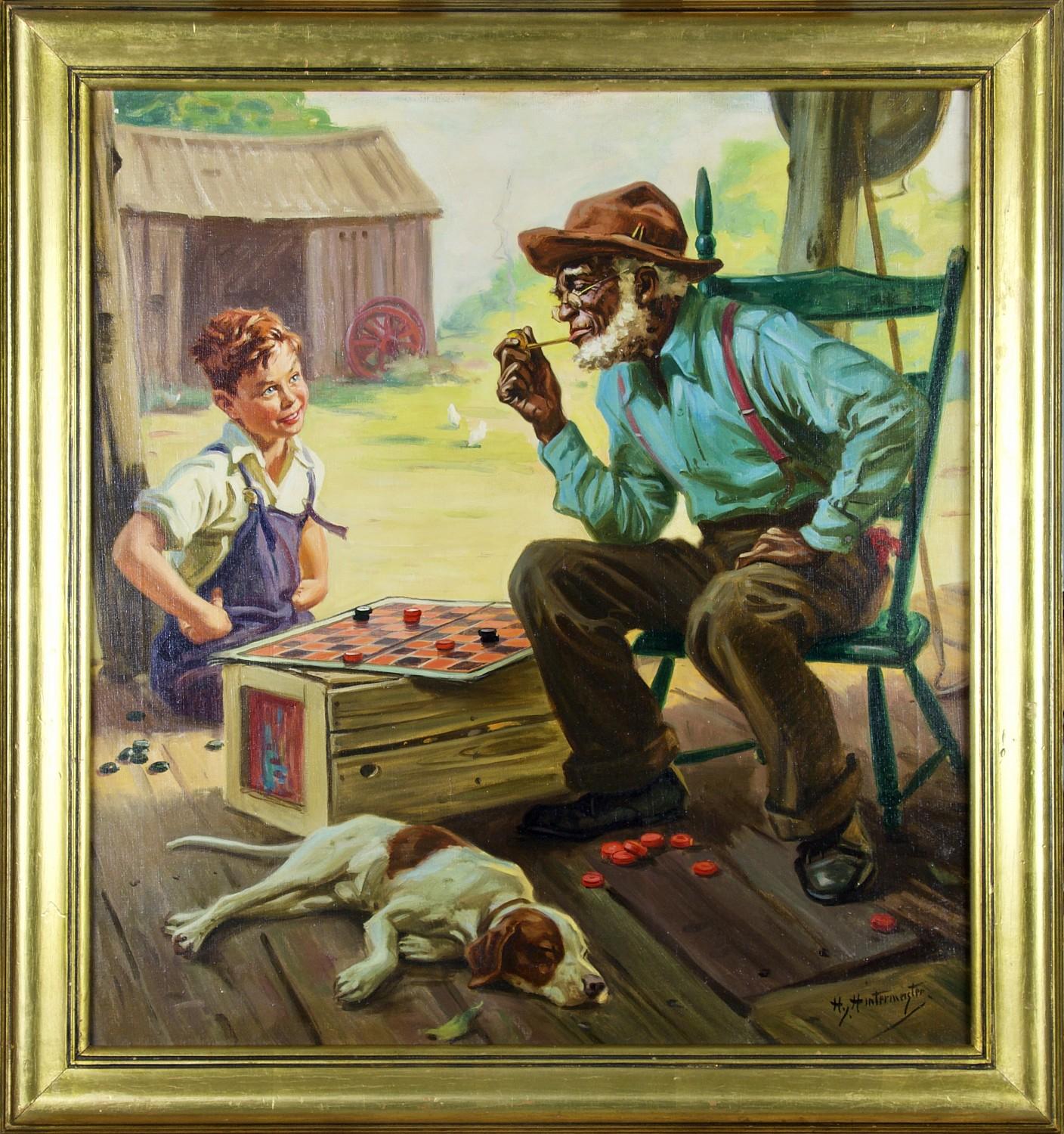 Niño y hombre mayor jugando a las damas, ilustración original - Painting de Henry Hintermeister
