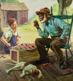Boy and Older Man Playing Checkers, Original Illustration