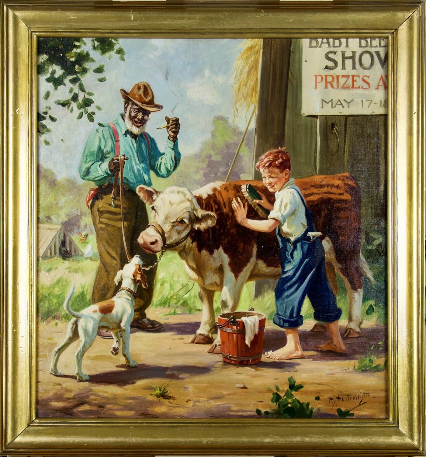 Niño y hombre mayor con vaca, Ilustración original - Painting de Henry Hintermeister