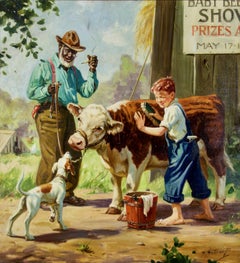 Boy and Older Man with Cow, Original Illustration