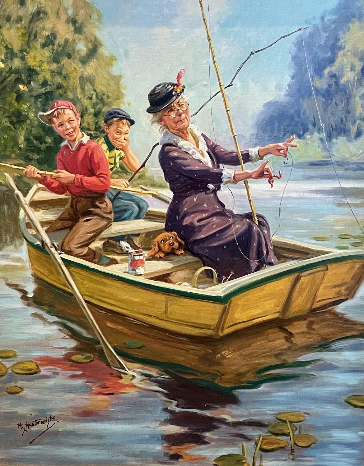 Figurative Painting de Henry Hintermeister - "Ilustración del calendario "La abuela está enganchada
