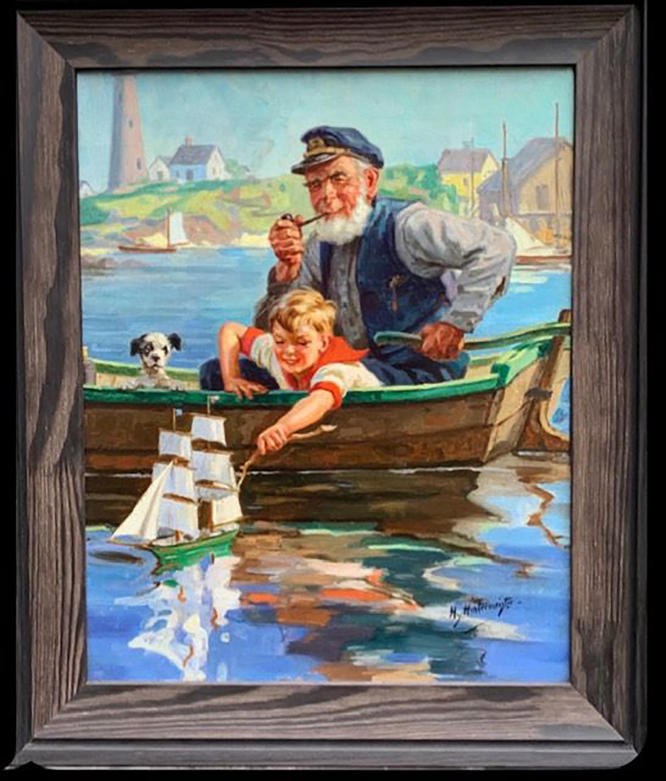 Man and Boy on Boat with Dog - Painting by Henry Hintermeister