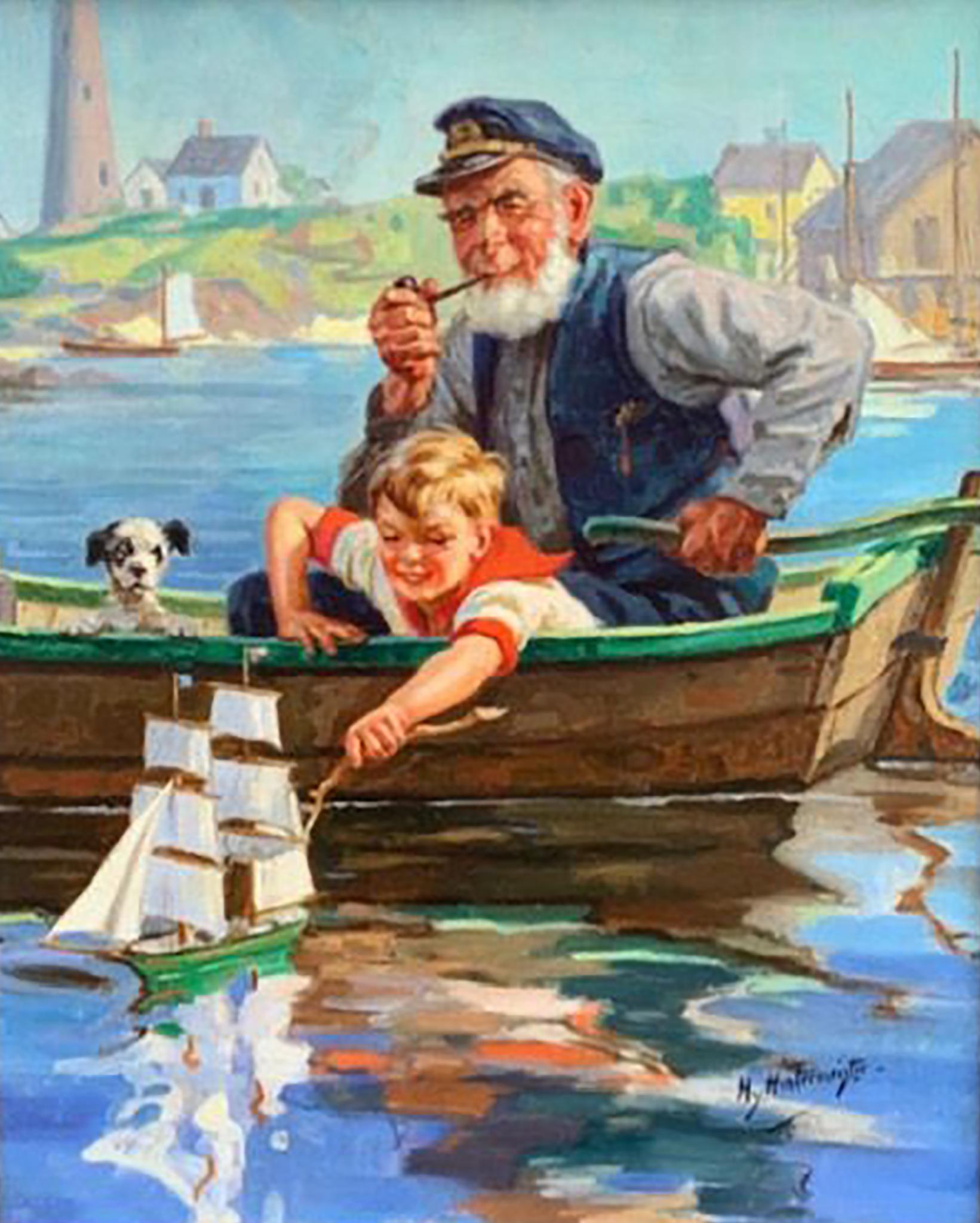 Henry Hintermeister Figurative Painting - Man and Boy on Boat with Dog