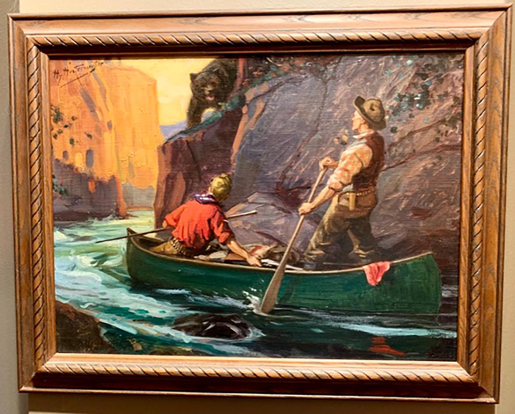 Men on Canoe - Painting by Henry Hintermeister