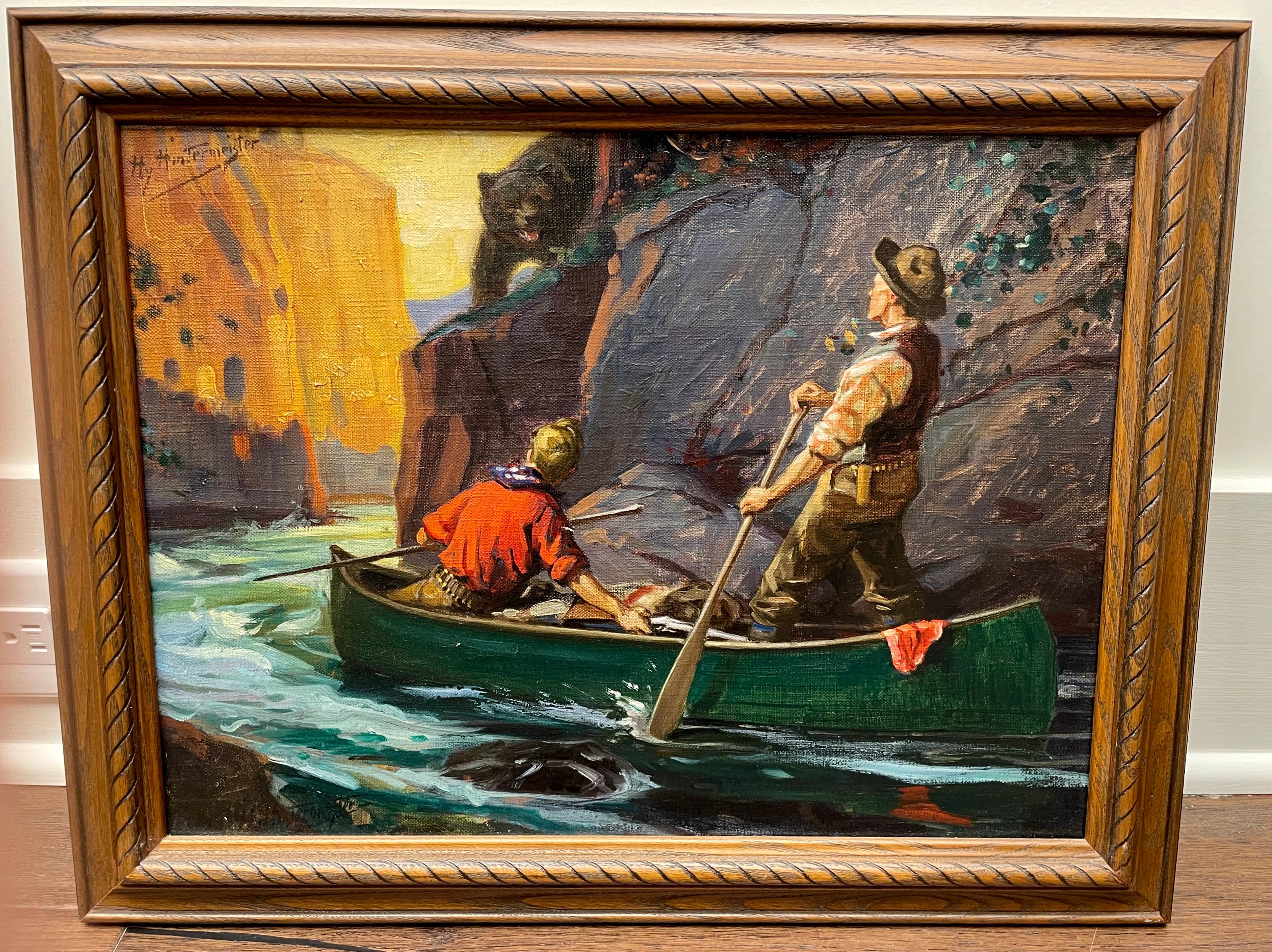 Uomini in canoa - Figurative Painting Marrone di Henry Hintermeister