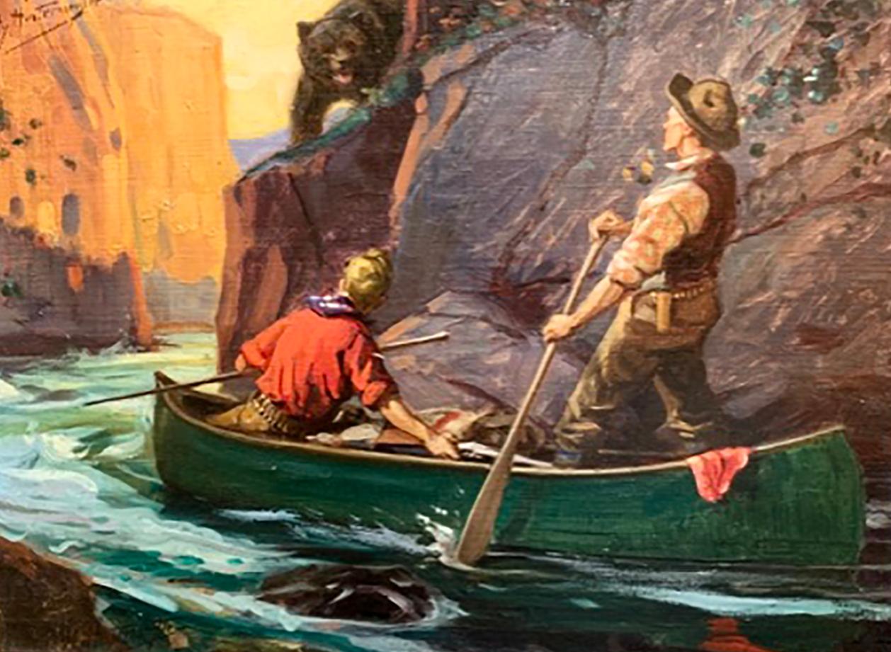 Henry Hintermeister Landscape Painting - Men on Canoe